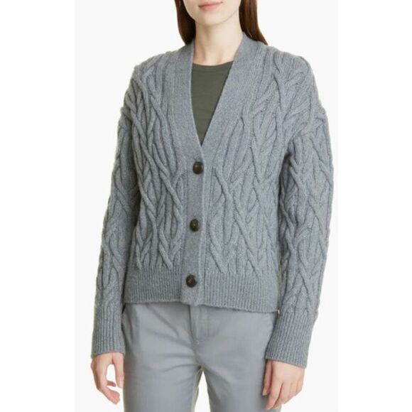 Vince Sweaters - Vince Interlocking Cable Wool-Cashmere-Blend Cardigan in Grey NWT Size XL